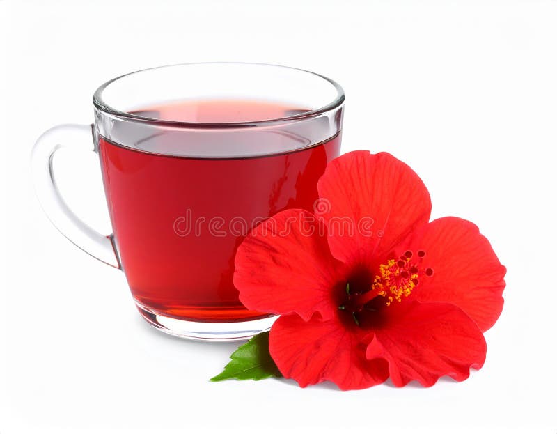 Frischgebrühter Hibiskustee und rote Blume, isoliert auf weiß stock abbildung