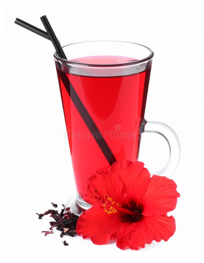 Frischgebrühter Hibiskustee und rote Blume, isoliert auf weiß stock abbildung