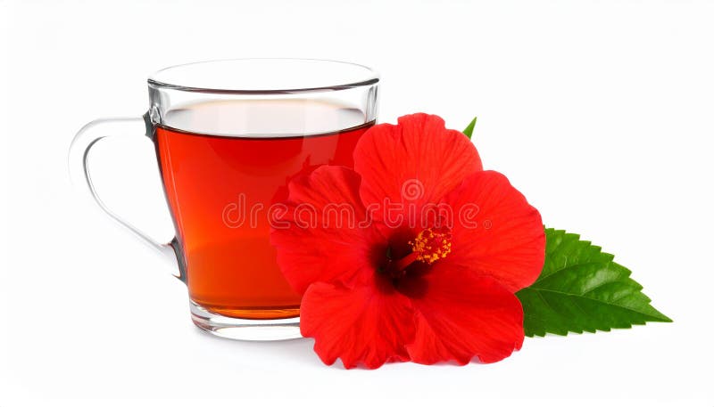 Frischgebrühter Hibiskustee und rote Blume, isoliert auf weiß lizenzfreie abbildung