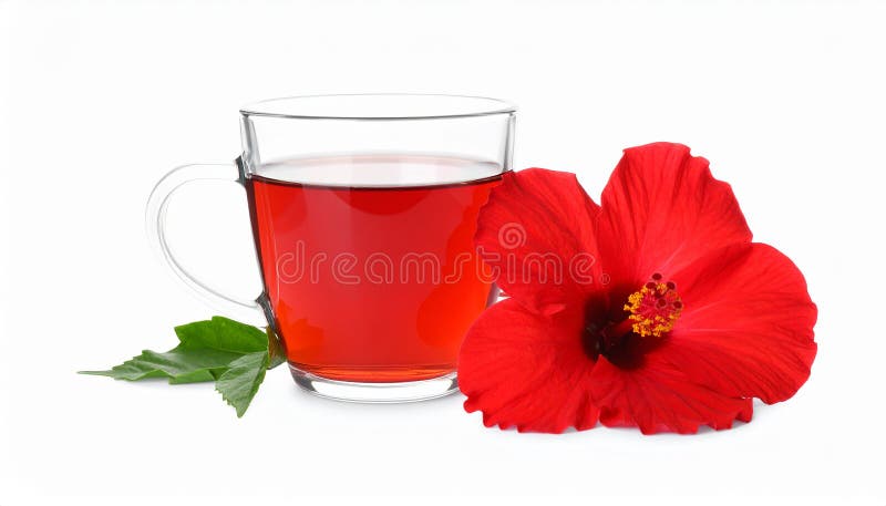 Frischgebrühter Hibiskustee und rote Blume, isoliert auf weiß lizenzfreie abbildung