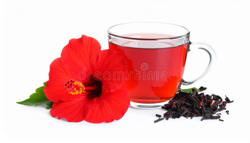 Frischgebrühter Hibiskustee und rote Blume, isoliert auf weiß vektor abbildung