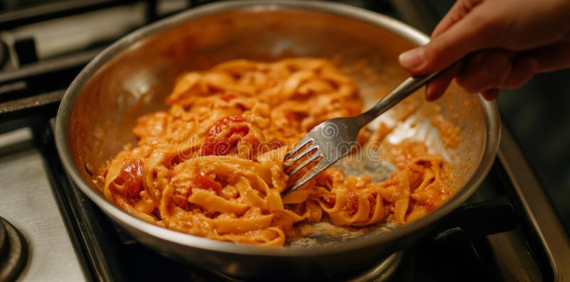 Frischpasta mit Kirschtomaten und Kräutern in einem Kochgeschirr auf einem sonnigen Kochfeld machen. AI generiert