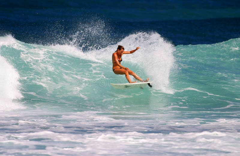 Fritada de Ana de la muchacha de la persona que practica surf que practica surf en la punta rocosa imagenes de archivo Fritada de Ana de la muchacha de la persona que practica surf que practica surf en la punta rocosa imagenes de archivo