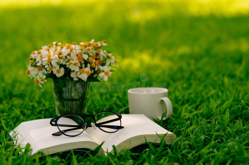 Leisure in morning at garden with coffee, book and flowers on the lawn. Leisure in morning at garden with coffee, book and flowers on the lawn