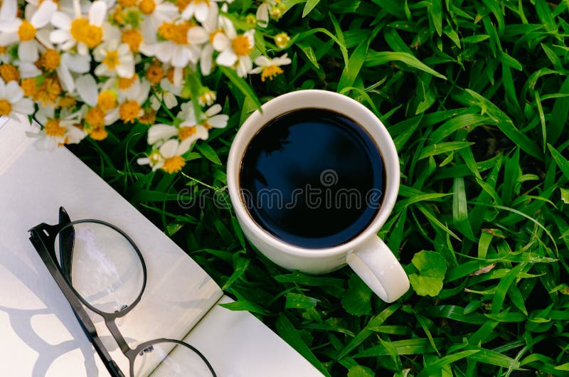 Leisure in morning at garden with coffee, book and flowers on the lawn. Leisure in morning at garden with coffee, book and flowers on the lawn