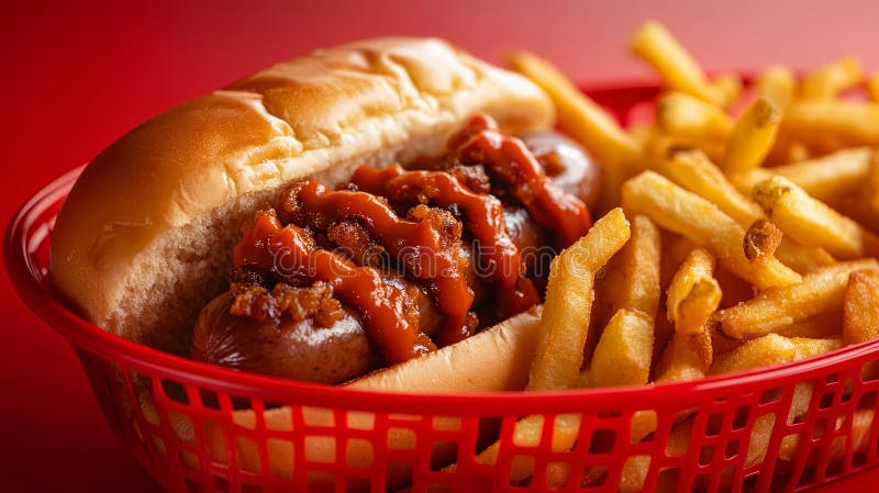 Fritt från Currywurst och crinklecut i röd korg. arkivfoto