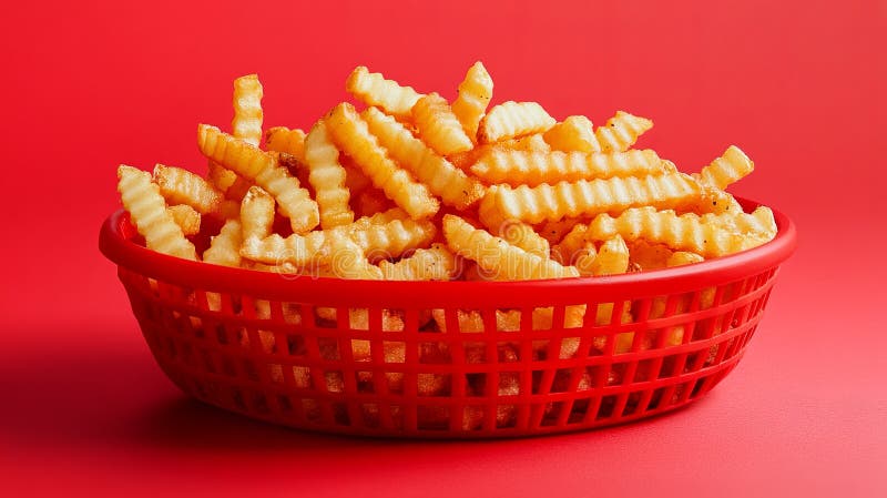 Fritt från Currywurst och crinklecut i röd korg. royaltyfri fotografi