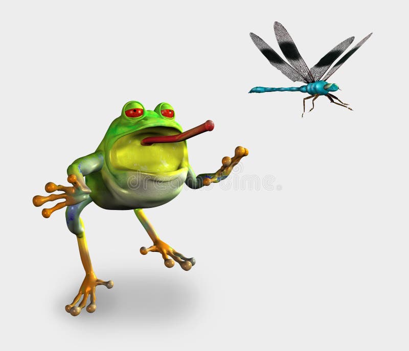 Frog Chasing a Dragonfly Includes Clipping Path Stock Illustration