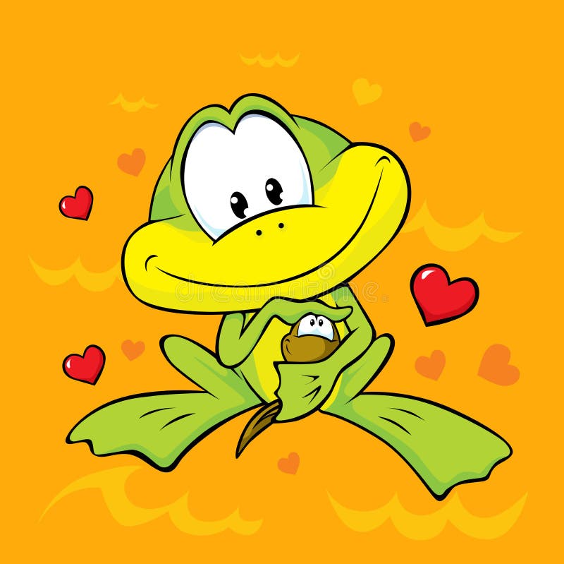 Frog holds in her arms a little tadpole sitting on orange abstract background. Tadpole cute vectors