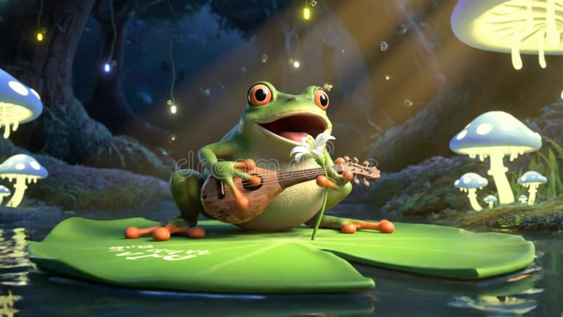 Frog Playing Guitar in Magical Forest Scene vector illustration