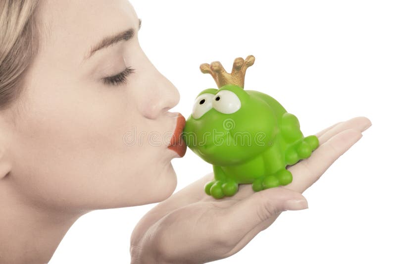 Frog price being kissed by a beautiful lady