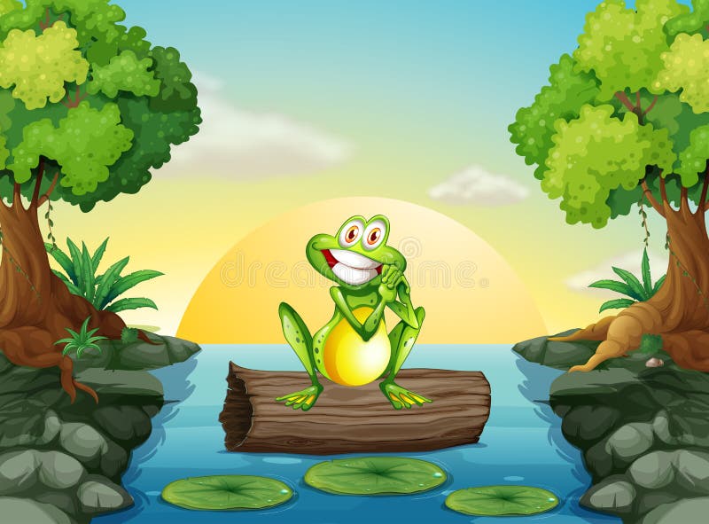 A Frog At The River Standing Above The Log Stock Vector - Illustration