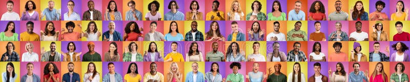 Frohe emotionale junge und Senioren verschiedene Menschen machen Gesten mit Händen Panorama stockfotos