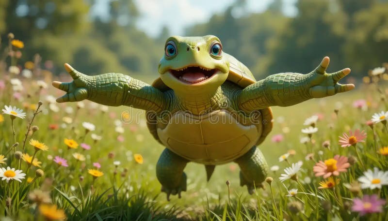 Frohe Schildkröte auf einer blühenden Wiese : eine 3D-Rendering von Glück und Frühling. Eine fröhliche 3D-Schildkröte begrüßt den Frühling in einer lebhaften Wiese voller bunter Blumen. Das Bild weckt Freude und Wärme
