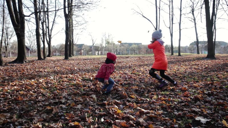 Frohe schöne Selbstgänger mit Herbstlaub. saisonaltätigkeiten im Freien ein gesunder Lebensstil auf dem Weg