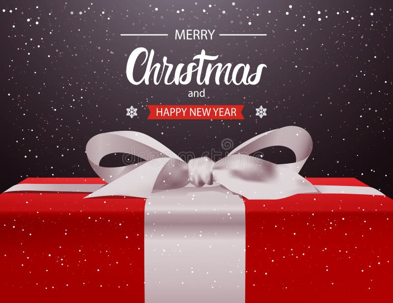 Frohe Weihnacht-und guten Rutsch ins Neue Jahr-Hintergrund-rote Geschenkbox mit weißem Band-Bogen-Feiertags-Gruß-Karten-Design