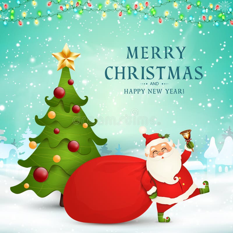 Frohe Weihnachten Glückliches neues Jahr Nette Santa Claus mit roter Tasche, Weihnachtsbaum, Klingelglocke in der Weihnachtsschne stock abbildung Frohe Weihnachten Glückliches neues Jahr Nette Santa Claus mit roter Tasche, Weihnachtsbaum, Klingelglocke in der Weihnachtsschne stock abbildung