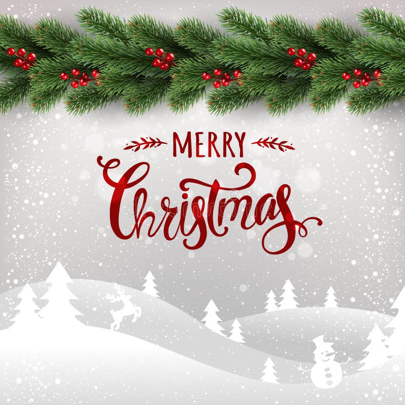 Frohe Weihnachten typografisch auf weißem Hintergrund mit Girlande von Weihnachtsbaumasten, Winterlandschaft, Schneeflocken, Lich stock abbildung Frohe Weihnachten typografisch auf weißem Hintergrund mit Girlande von Weihnachtsbaumasten, Winterlandschaft, Schneeflocken, Lich stock abbildung