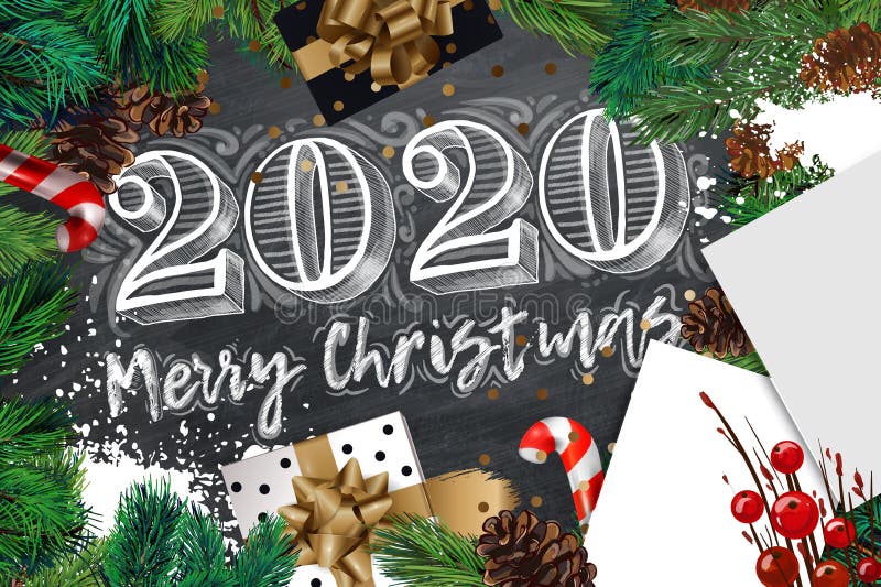 2020 Frohe Weihnachten und Glück Neues Jahr Banner mit weißer Liste, Tannenzweige, Geschenke, Süßigkeiten und Konfetti. Draufs stockfoto 2020 Frohe Weihnachten und Glück Neues Jahr Banner mit weißer Liste, Tannenzweige, Geschenke, Süßigkeiten und Konfetti. Draufs stockfoto