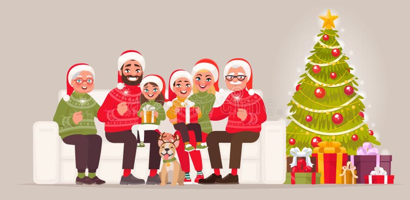 Frohe Weihnachten und guten Rutsch ins Neue Jahr Große Familie, die auf sitzt stock abbildung Frohe Weihnachten und guten Rutsch ins Neue Jahr Große Familie, die auf sitzt stock abbildung