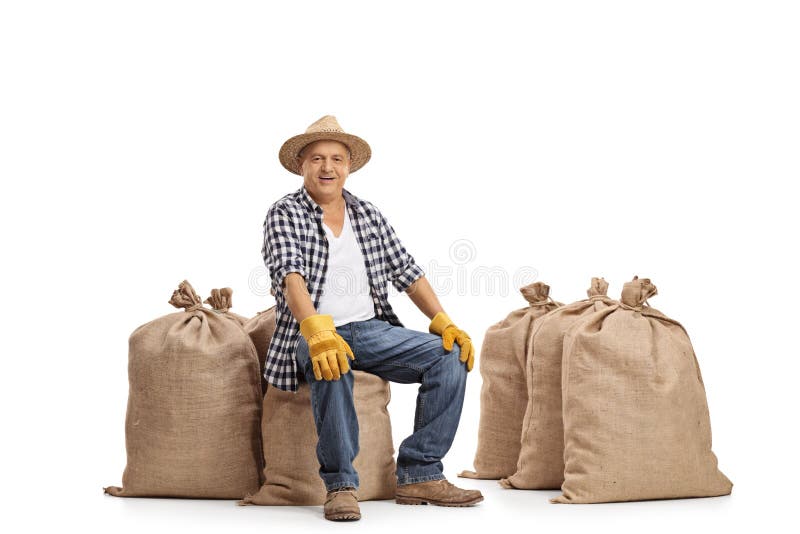 Froher älterer Landwirt, der auf Leinwandsäcken sitzt stockfoto
