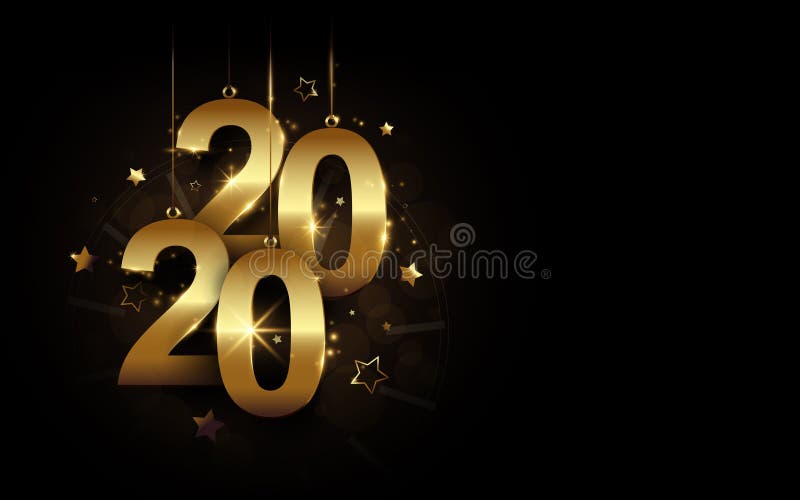 Frohes neues Jahr 2020 Banner Goldener funkelnder Luxus 2020 Kalligraphie und Uhr mit Sternen auf schwarzem Hintergrund lizenzfreie abbildung Frohes neues Jahr 2020 Banner Goldener funkelnder Luxus 2020 Kalligraphie und Uhr mit Sternen auf schwarzem Hintergrund lizenzfreie abbildung