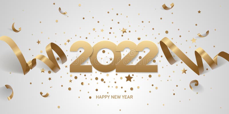 Frohes Neues Jahr 2022. Goldene Zahlen mit Bändern und Konfetti über auf einem weißen Hintergrund.