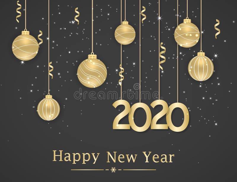 Frohes neues Jahr 2020 Neujahrshintergrund mit goldenen Hängekugeln und Bändern Text, Designelement lizenzfreie abbildung Frohes neues Jahr 2020 Neujahrshintergrund mit goldenen Hängekugeln und Bändern Text, Designelement lizenzfreie abbildung