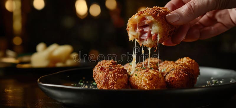 Fromage croustillant et croquettes de jambon au fromage fondu de goey parfait pour les entrées photos libres de droits