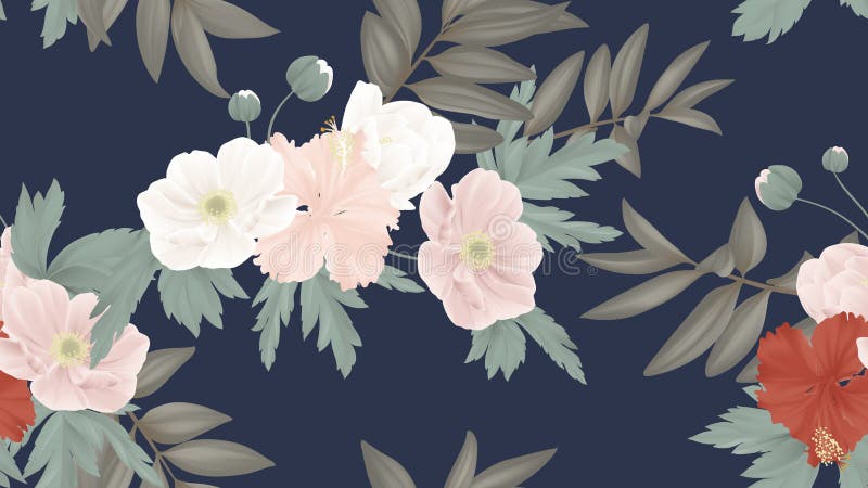 Fromma, sömlösa, färglösa, anemonhibiscus blommor med blad i mörkblå blått royaltyfri illustrationer