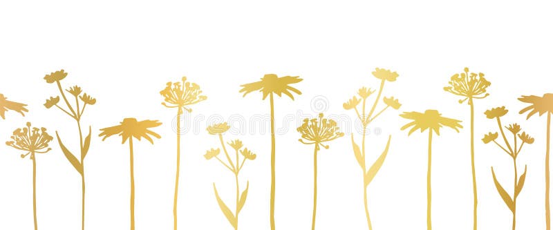 Fromma, sömlösa, metallbaserade folier med vektor vid gränsen, effekt. horisontell blomsterbanner vild gräs elegant golden på vitt stock illustrationer