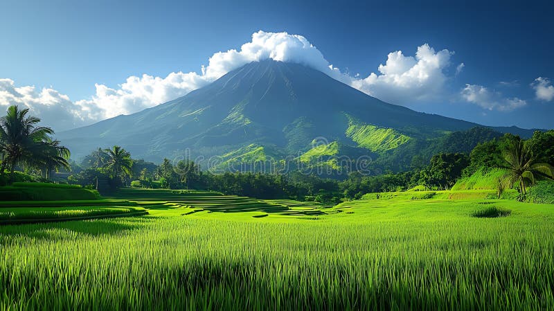 Frondosos arrozales verdes y majestuoso volcán bajo un cielo vibrante libre illustration