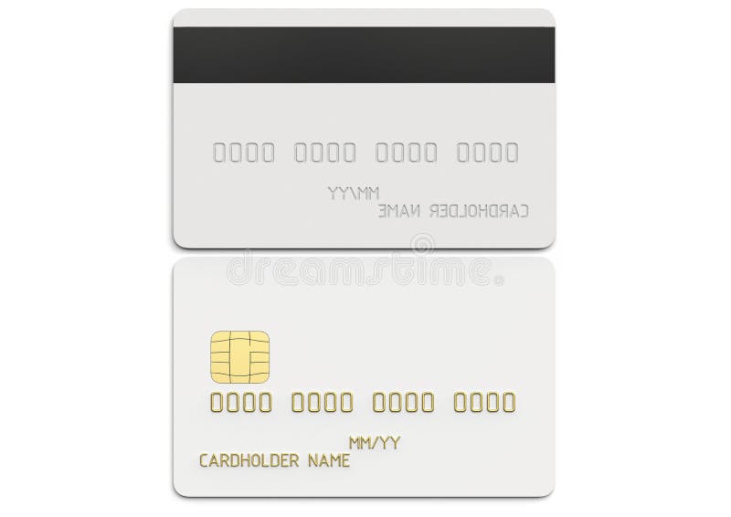 Front and back view of debit plastic card or credit card, white with gold symbols. 3D render of blank white template for vector illustration