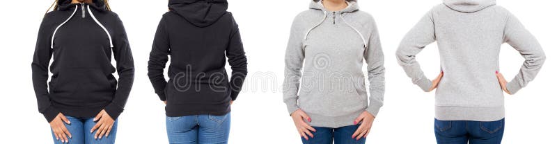 Front and Back View - Female Girl Woman in Grey Black Hoodie Isolated ...