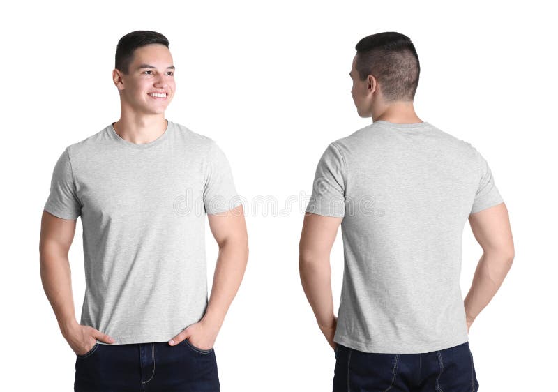 Front and Back Views of Young Man in Grey T-shirt Stock Photo - Image ...