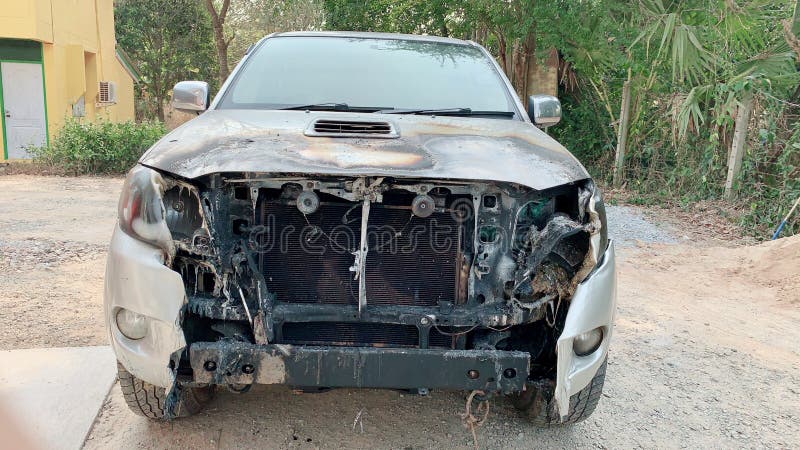 Front of the car fire accident on street ,Cars damaged by fire royalty free stock image Front of the car fire accident on street ,Cars damaged by fire royalty free stock image