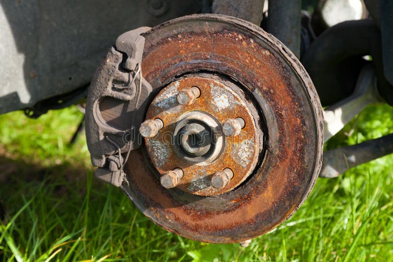 Front Disk Brake on Car in Process of Damaged Tyre Replacement Stock