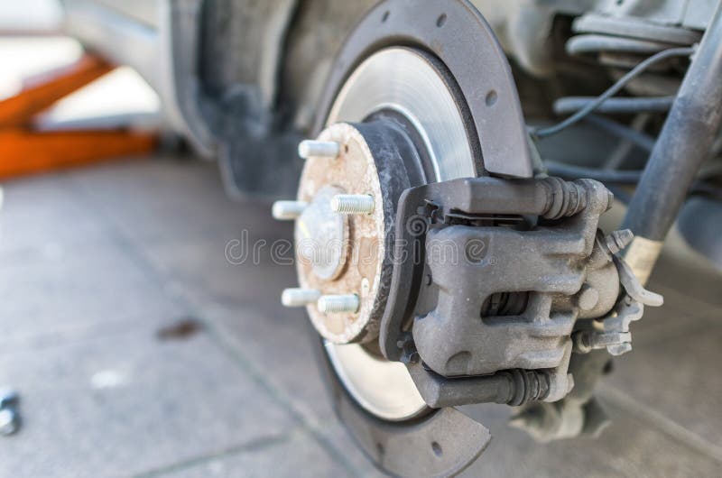 Front Disk Brake after Rebuild Surface on Car, Close Up Stock Photo