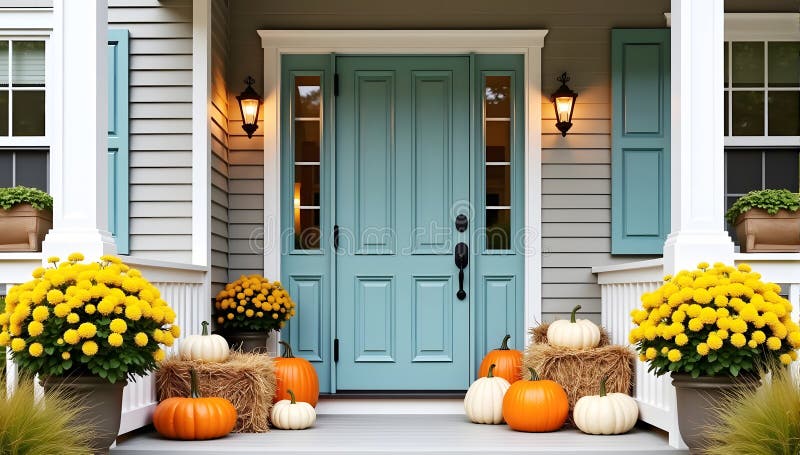Front Door with Fall Decor, Pumpkins and Autumn for Thanksgiving Day ...
