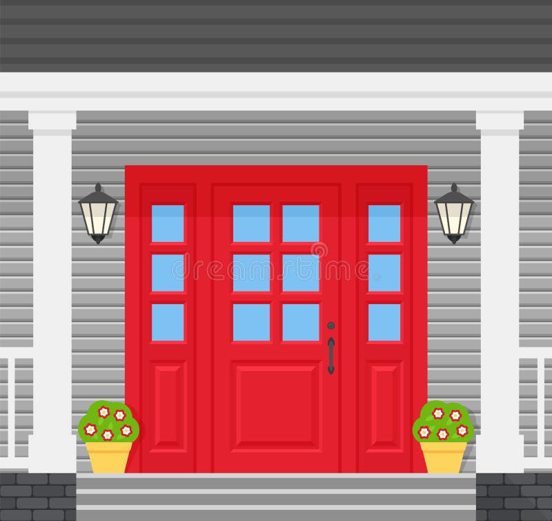 Front door house. Vector. Home porch with red door, lanterns, stairs and plants. Gray facade. Building entrance, doorstep. Modern outside architecture in flat design. Cartoon illustration. Front door house. Vector. Home porch with red door, lanterns, stairs and plants. Gray facade. Building entrance, doorstep. Modern outside architecture in flat design. Cartoon illustration