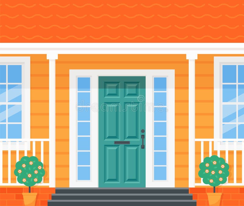 Front door house. Vector. Home porch with door, stairs, windows and plants. Yellow facade. Building entrance, doorstep. Modern outside architecture in flat design. Cartoon illustration. Front door house. Vector. Home porch with door, stairs, windows and plants. Yellow facade. Building entrance, doorstep. Modern outside architecture in flat design. Cartoon illustration