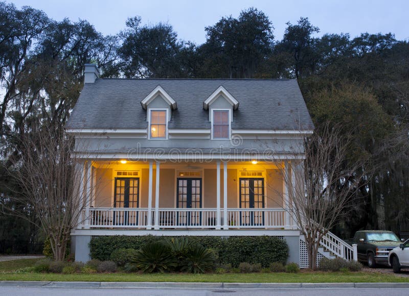 Front elevation of house at twilight