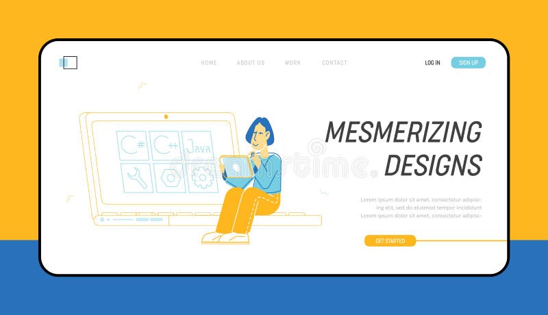Front End Developing Website Landing Page. Woman Programmer Work on Computer at Online Project Java Coding stock illustration