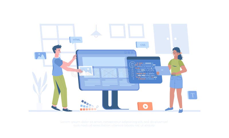 Front-end Developer Concept. Man Creates Web Page, JavaScript ...