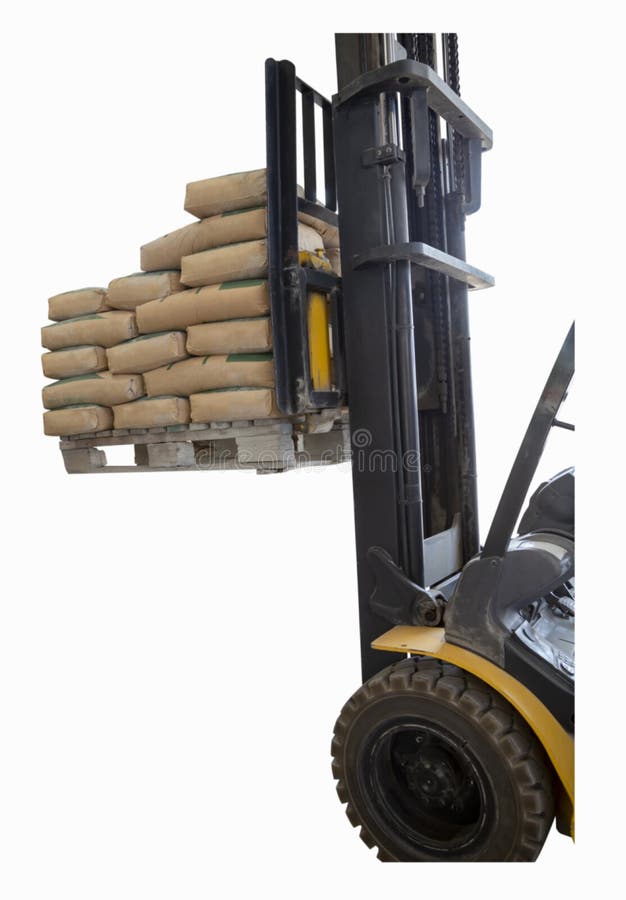 The Front End of the Forklift is Lifting Bags of Cement on the Pallet