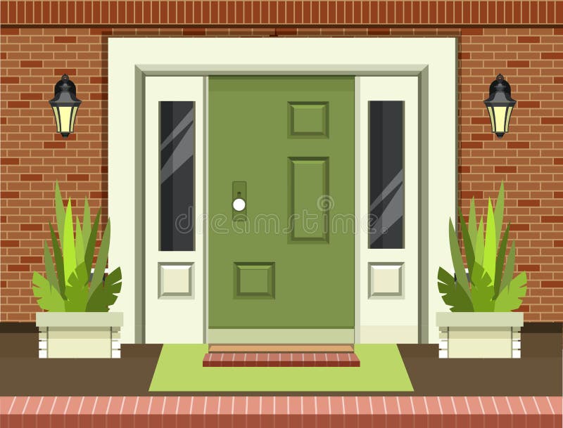 Vector illustration of a facade of a house bricks lining an entrance door to a building a home garden on the doorstep into the building. Vector illustration of a facade of a house bricks lining an entrance door to a building a home garden on the doorstep into the building