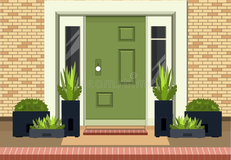 Vector illustration of a facade of a house bricks lining an entrance door to a building a home garden on the doorstep into the building. Vector illustration of a facade of a house bricks lining an entrance door to a building a home garden on the doorstep into the building