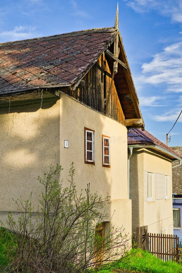 The front face of old wooden house in Pavlany village in Spis region in Slovakia