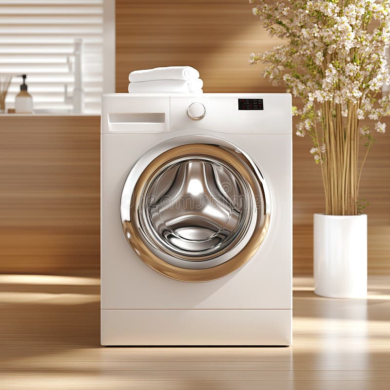 Front loading washing machine in stylish laundry room with wooden accents. Automatic loading stock images, royalty-free photos and pictures
