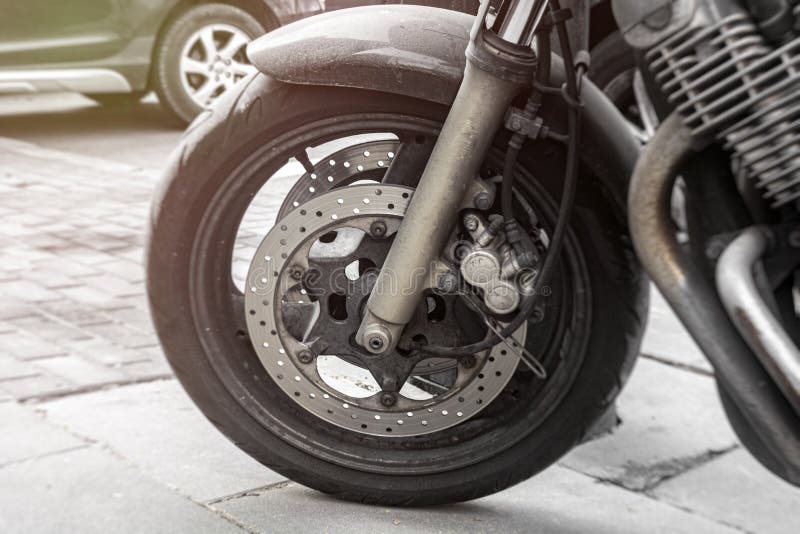 Front of the Motorcycle, Wheel, Disc Brakes Closeup Stock Photo Image